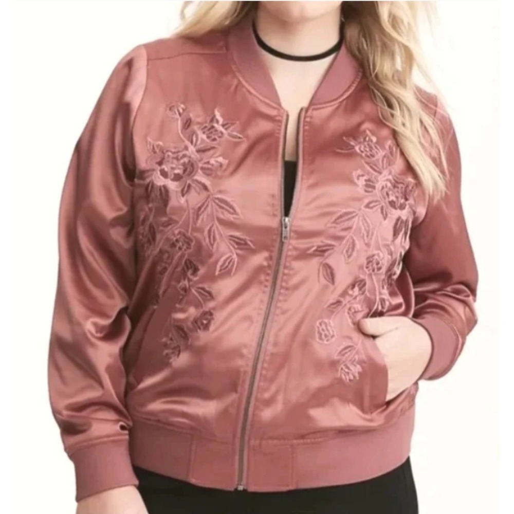 Satin Bomber Jacket Pink Rose Embroidered Women‎ Size L Full Zip Floral Torrid